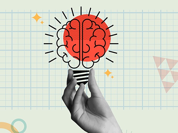 Hand holding lightbulb brain in retro style